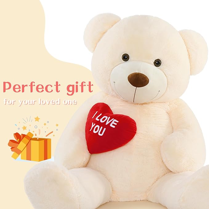 Tezituor Giant Teddy Bear Stuffed Animal 5Ft with Heart,Large Cream I Love You Bear Plush Toys for Kids Gift for Girlfriend