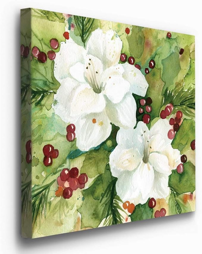 Renditions Gallery Holly Leaves Wall Art, Christmas & Winter Artwork, Festive Red & Green, Flowers, Floral, Premium Gallery Wrapped Canvas Decor, Ready to Hang, 40 in H x 40 in W, Made in America