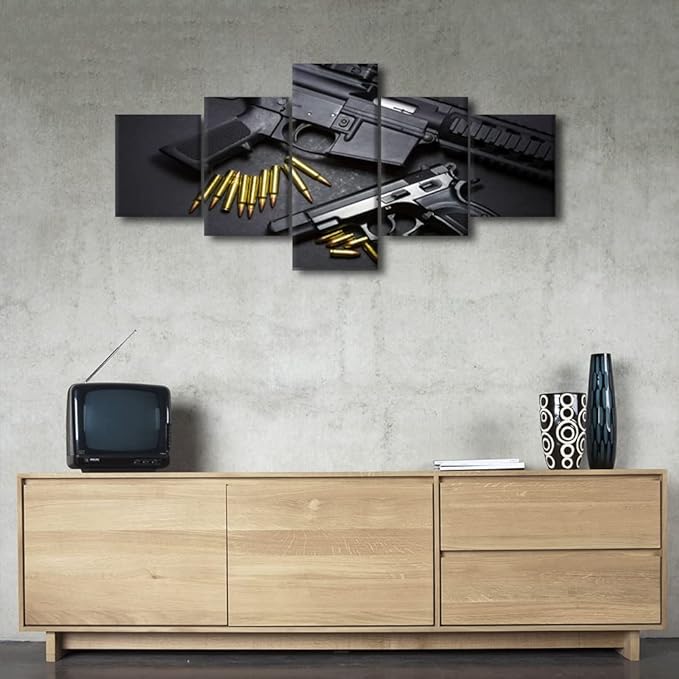 TISHIRON Living Room Wall Decor Artwork for Walls Guns with Ammunition Paintings Military Handgun Pictures Canvas 5 Piece Modern Home Decor Artwork Posters and Prints Framed Ready to Hang 50" Wx24 H