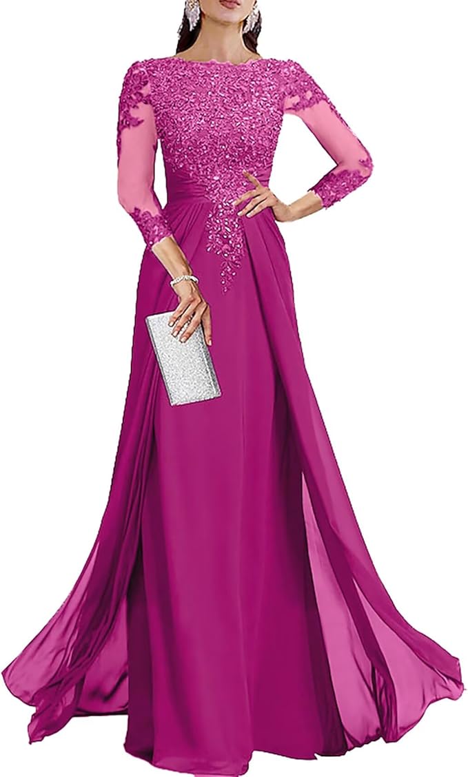 Long Sleeve Mother of The Bride Dresses for Wedding Lace Appliques Chiffon Formal Dress He6052