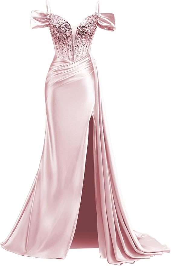 Rjer Off The Shoulder Satin Prom Dresses Long with Slit Tail 2026 Sequin Beaded Pleated Evening Ball Gown for Women Formal