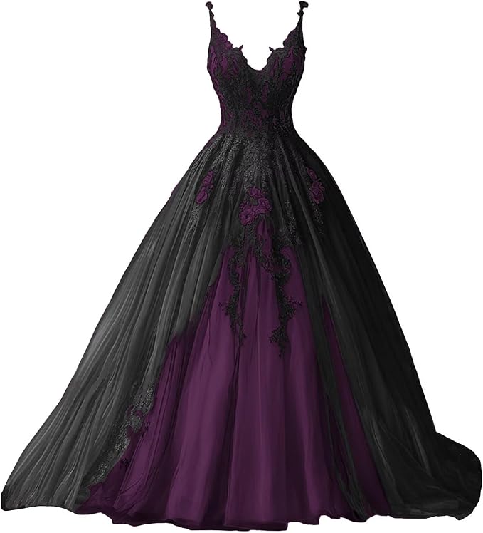 TRHTX Spaghetti Straps Wedding Dresses for Bride Layered Tulle Gothic Black Bridal Gowns Lace Applique Wedding Gowns