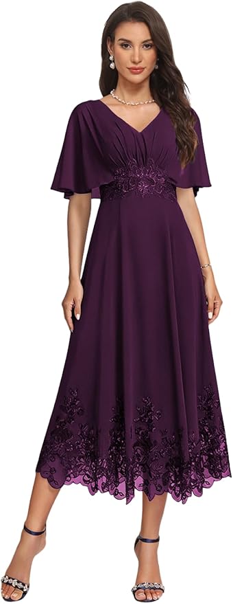 Tea Length Mother of The Bride Dress with Sleeves Laces Formal Evening Gowns for Wedding V Neck Wedding Guest Gown ZMX37
