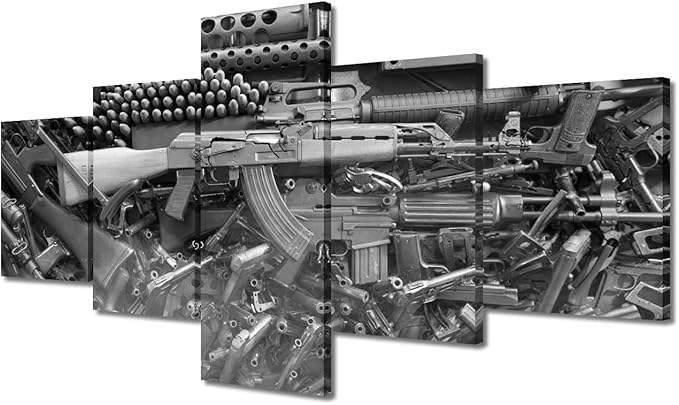 Modern Wall Art Prints and Poster Damaged Weapon Gun Canvas Painting for Living Room Black and White Pictures Home Decor 5 Panels Gallery-wrapped Artwork Set Wooden Framed Ready to Hang(50"W x 24"H)