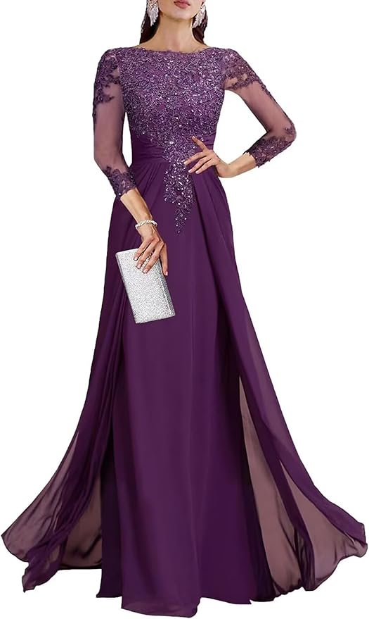 Long Sleeve Mother of The Bride Dresses for Wedding Lace Appliques Chiffon Formal Dress He6052