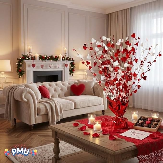 PMU 12 Pcs Red and White Hearts 15 Inch Centerpiece Valentine’s Day Decorations Balloon Weight Centerpiece Valentine's Day Theme