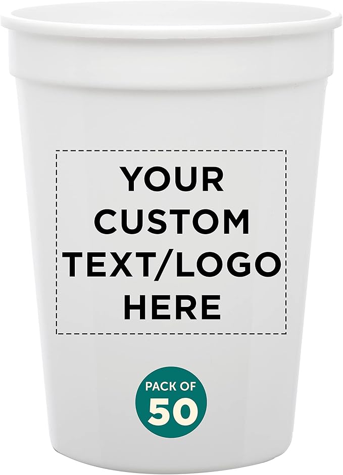 Custom Disposable Plastic Cups 12 oz. Set of 50, Personalized Bulk Pack - Perfect for Summer, Sporting Events, Birthdays, Weddings, Picnic, Beach, Parties - White