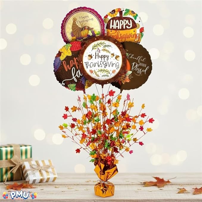 PMU 12Pc Thanksgiving Bursting Party Decoration for Autumn Harvest Seasonal Event, Fall Maple Leaves Table Centerpiece Metallic Foil Spray Centerpieces 15in Red,Gold,Green