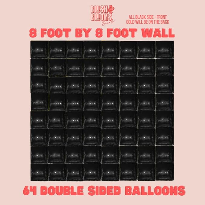 Black and Gold Foil Balloon Wall (64 Pack) | 8 Foot by 8 Foot Balloon Wall | Weddings, Birthdays, Showers, Parties, and Events (Black and Gold)