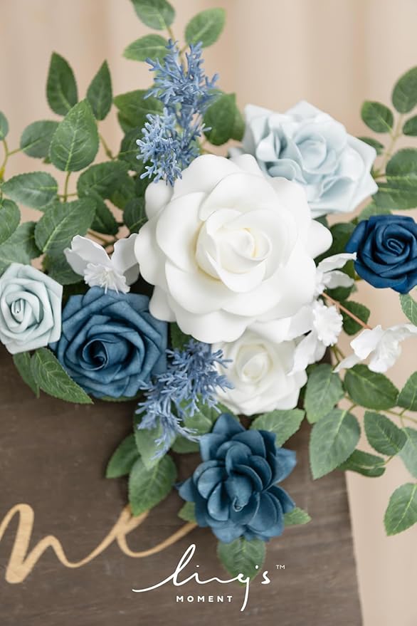 Ling's moment 2pcs Fall Wedding Artificial Floral Swag Welcome Sign Flowers Backdrop Garland Dusty Blue Navy for Ceremony Reception Door Wall Easel Home Decoration Entryway Outdoor Head Table Decor