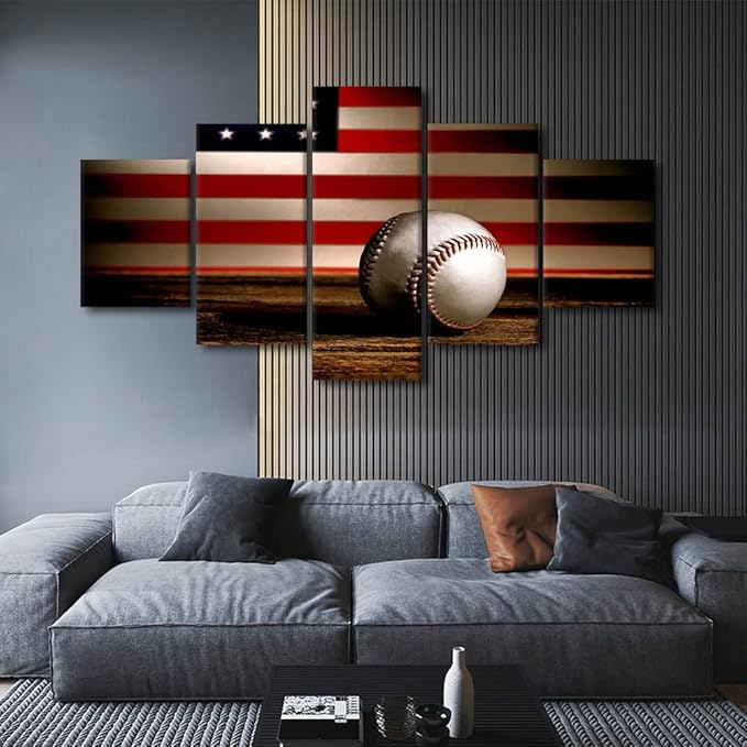 Wall Art Vintage USA American Flag Baseball Military Canvas Painting Modern Home Decor 5 Panel Wall Art American Flag Picture Print Canvas Painting Decor for Living Room Framed Ready to Hang-60"Wx32"H