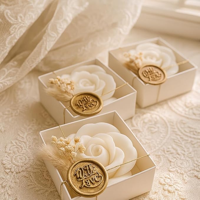 White Rose Petal Soy Wax Candles in Bulk – Rose Candle Wedding Favors for Guests, Personalized Candle Favors for Bridal Shower & Baby Shower Gifts – Dried Flower & Wax Seal Design (10 Pieces)