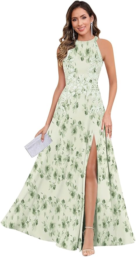 GUKARLEED Halter Lace Appliques Mother of The Bride Dresses for Women Long A-line Formal Wedding Guest Dress with Slit