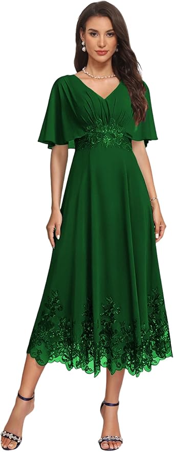Tea Length Mother of The Bride Dress with Sleeves Laces Formal Evening Gowns for Wedding V Neck Wedding Guest Gown ZMX37