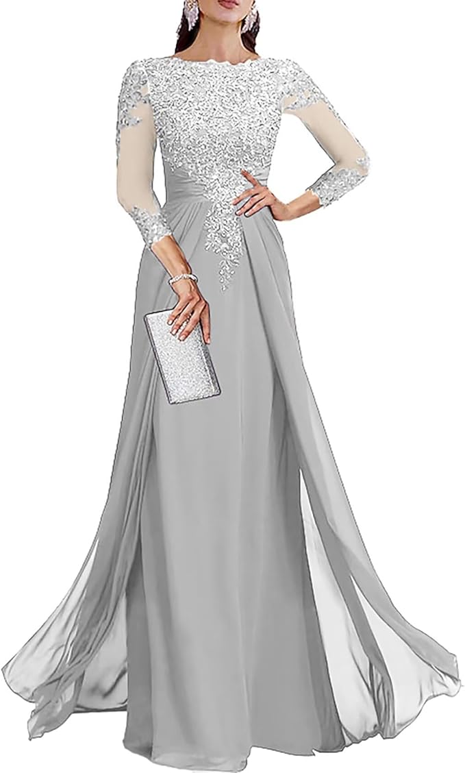 Long Sleeve Mother of The Bride Dresses for Wedding Lace Appliques Chiffon Formal Dress He6052