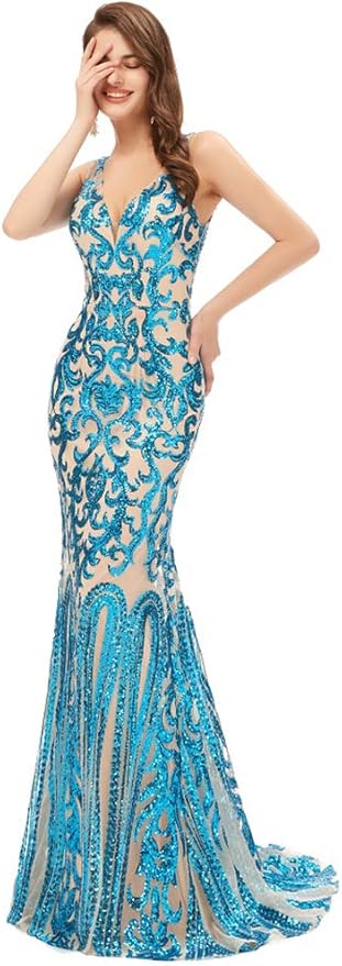 Women's Double V-Neck Sequins Lace-up Mermaid Evening Dress
