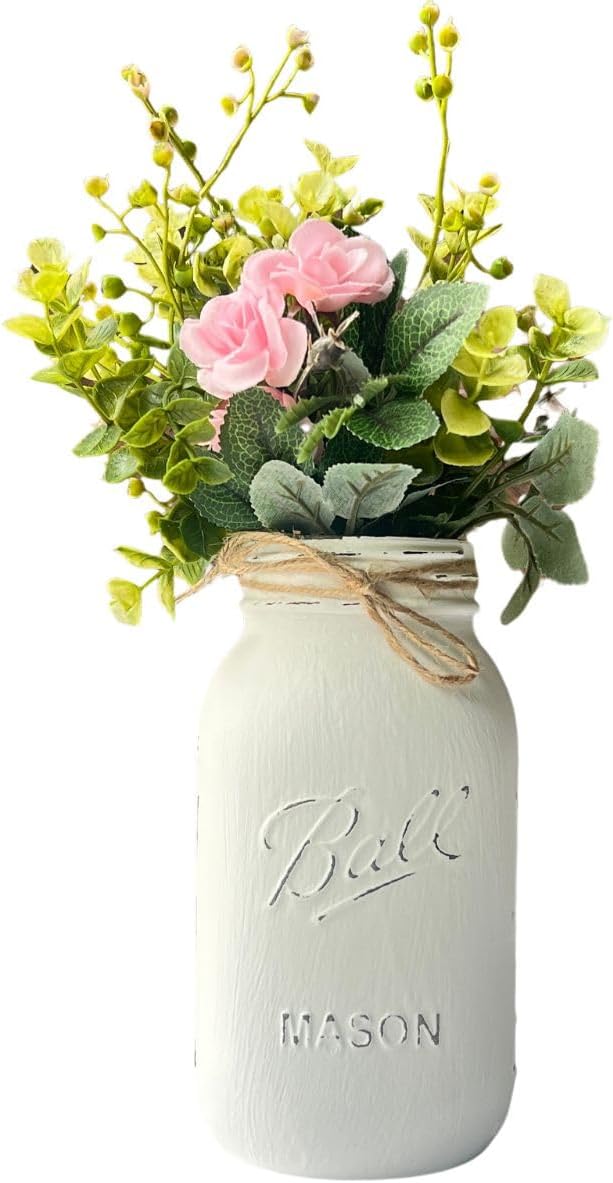Centerpieces for Tables Bridal Shower - White Mason Jar Centerpieces for Tables, Set of 5-32 oz Hand-Painted Mason Jars - Girl Baby Shower Centerpieces for Tables Girl (5 White w/Greenery/Pink)