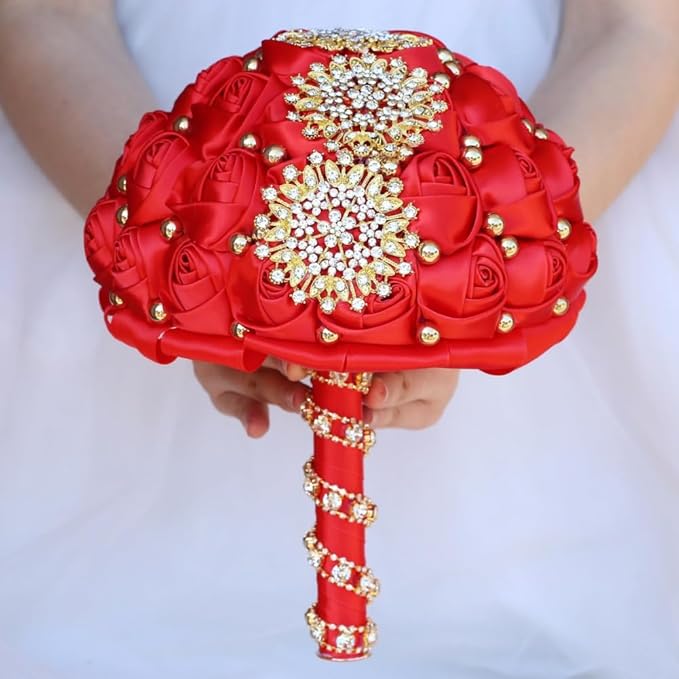 Red Bridal Wedding Bouquet with Luxury Gold Rhinestone Brooch Pearls Bouquet for Bride Bridesmaid Quinceanera Satin Rose Flower Bouquet Wedding Red 7.1in
