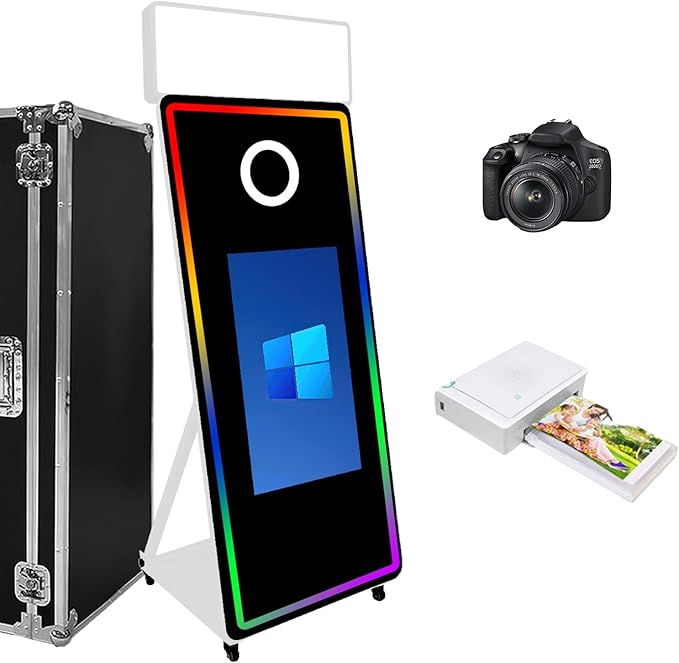 Magic Mirror Photo Booth,Mirror Photo Booth Interactive Touch Screen with Flight Case, Built-in Mini PC with Instant Print and Sharing for Event Party Wedding Rental (White, 32''Screen Full set)