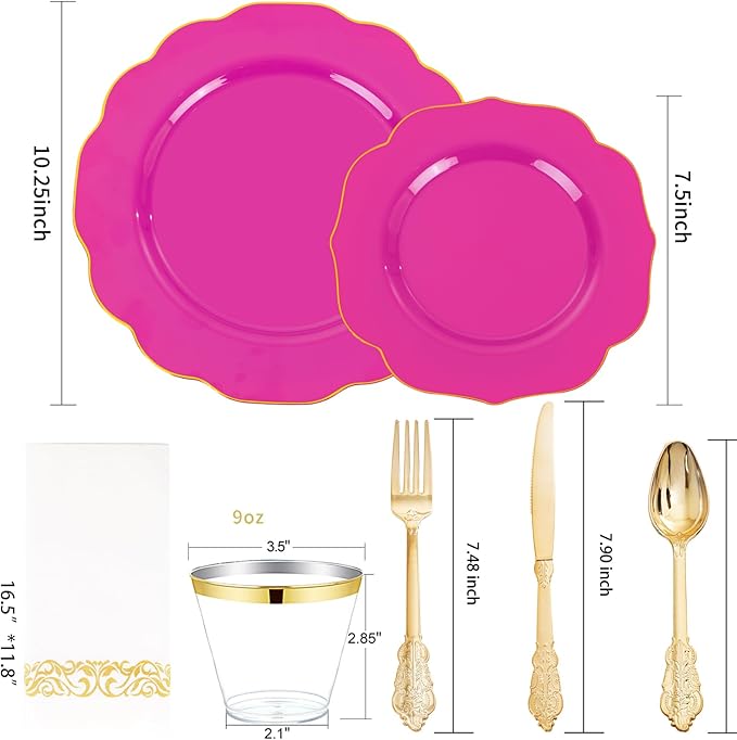 NOCCUR 175PCS Hot Pink Plastic Plates with Gold Disposable Silverware - Include 50 Hot Pink Plates,25 Knives,25 Forks,25 Spoons,25 Cups and 25 Napkins - Ideal for Party/Valentines & Galentines Day