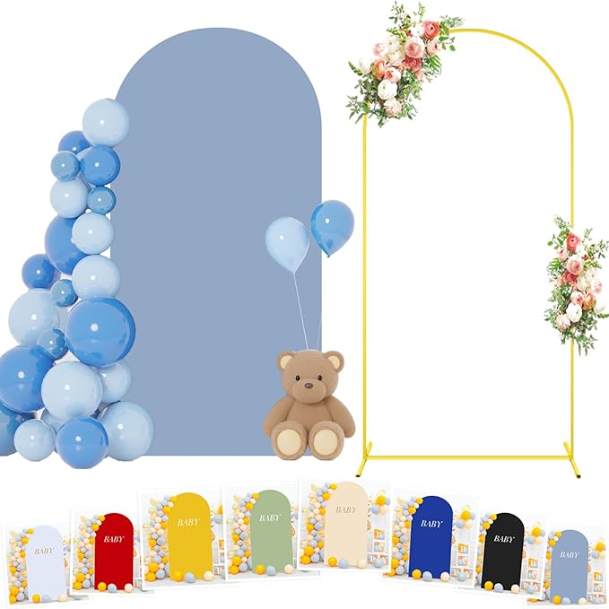 7.2FT Metal Arch Backdrop Stand with Dusty Blue Arch Cover Balloon Arched Frame Spandex Arched Backdrop Stands Cover Wedding Arch Stand and Cover Set for Bridal Baby Shower Birthday Party Prom Decor