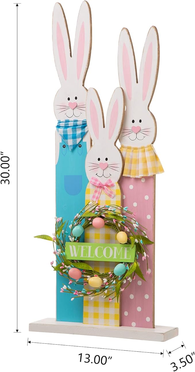 Glitzhome 30" H Easter Wooden Bunny Family Standing Porch Sign, Easter Welcome Sign Decorations for Home or Yard