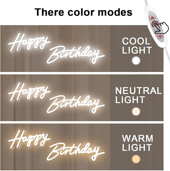 Happy Birthday Neon Sign - 3 Color Modes Happy Birthday Sign 17" - USB Happy Birthday Light Up Sign with Dimmable Switch - Happy Birthday LED Sign for Backdrop, Party, Celebration, Decoration