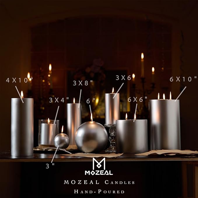 MOZEAL 3" x 8" Hand-Poured Unscented Large Candle,Smokeless Rustic Pillar Candle Set of 2,Slow Burn,No Drip,Approx 150 Hours Burning,Wedding,Dinner,Christmas and Home Decorative,Tall Silver Candle