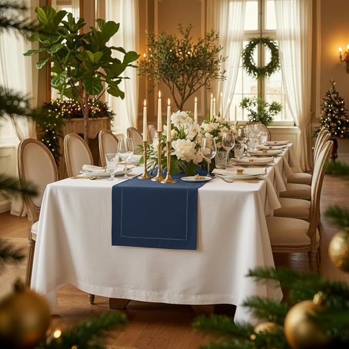 D'Moksha Homes Linen Navy Blue Table Runner 144 Inches Long - 100% Pure Linen Extra Long Table Runner 14 x 144 Inch for Easter - Classic Hemstitch