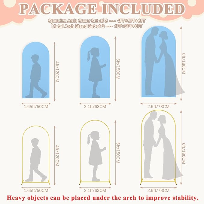 Wedding Arch Backdrop Stand and Cover Set 6FT, 5FT, 4FT Gold Metal Arches for Backdrop Baby Blue Spandex Arch Cover Balloon Arch Stand Frame for Baby Shower Birthday Party Graduation Ceremony