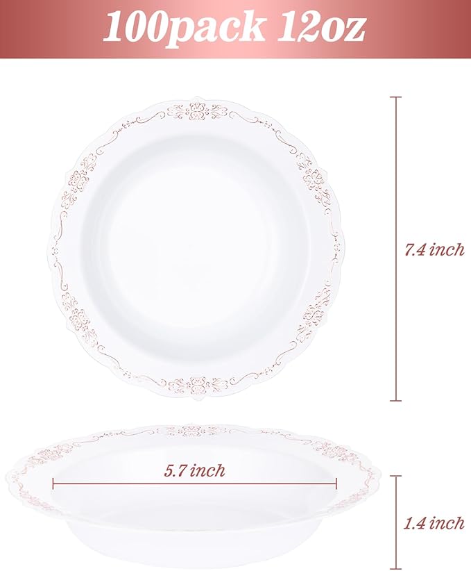 100 Pack White Plastic Bowls with Rose Gold Rim, 12oz Plastic Dessert Bowl, Bowls Disposable Heavy Duty for Hot Soup, Dessert, Salad, Cake, Ice Cream, Fruit for Valentine's Day