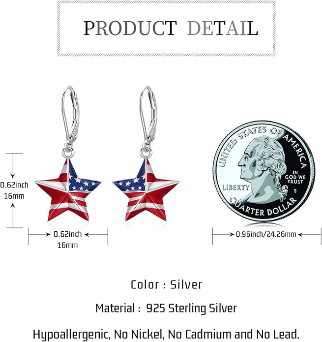 American Flag Earrings for Women 925 Sterling Silver Red White and Blue Star Dangle Drop Leverback Earrings 4th of July Jewelry Patriotic Memorial Day Christmas Gifts