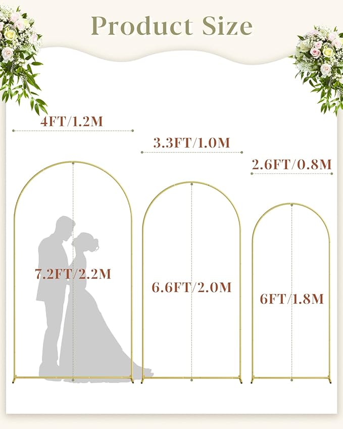 Wedding Arch, Metal Arch Backdrop Stand, Balloon Arch Stand Wedding Frame for Ceremony Decoration (Gold, 7.2FT, 6.6FT, 6FT Arch Backdrop)