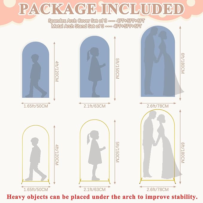 Weding Arch Backdrop Stand and Dusty Blue Cover Set 6FT, 5FT, 4FT Metal Arch Stand with Cover Set of 3 Wedding Arch Frame and Arch Stand Cover for Wedding Ceremony Birthday Party Baby Sower