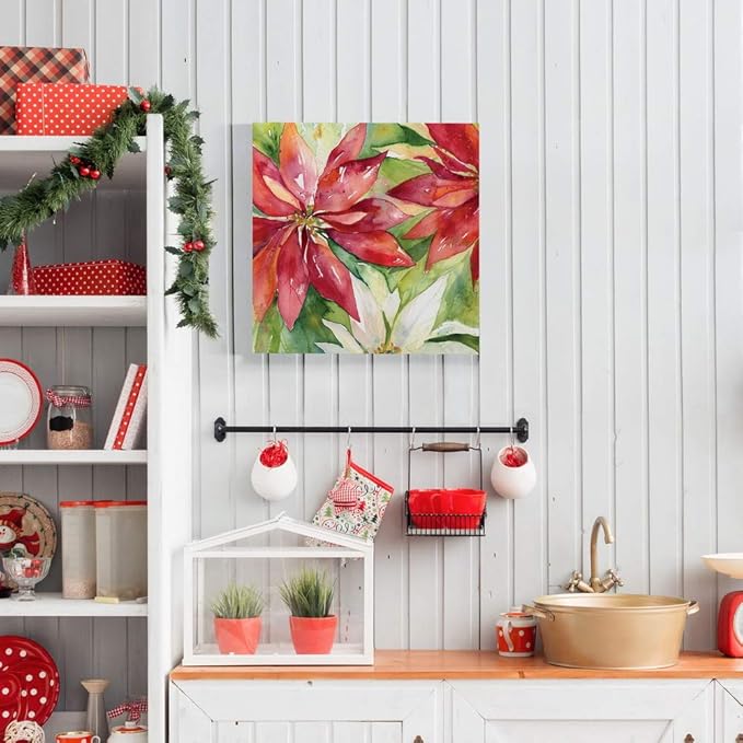 Renditions Gallery Poinsettia Leaves Wall Art, Christmas & Winter Artwork, Festive Red & Green, Flowers, Floral, Premium Gallery Wrapped Canvas Decor, Ready to Hang, 40 in H x 40 in W, Made in America (WC24-91535-4040)