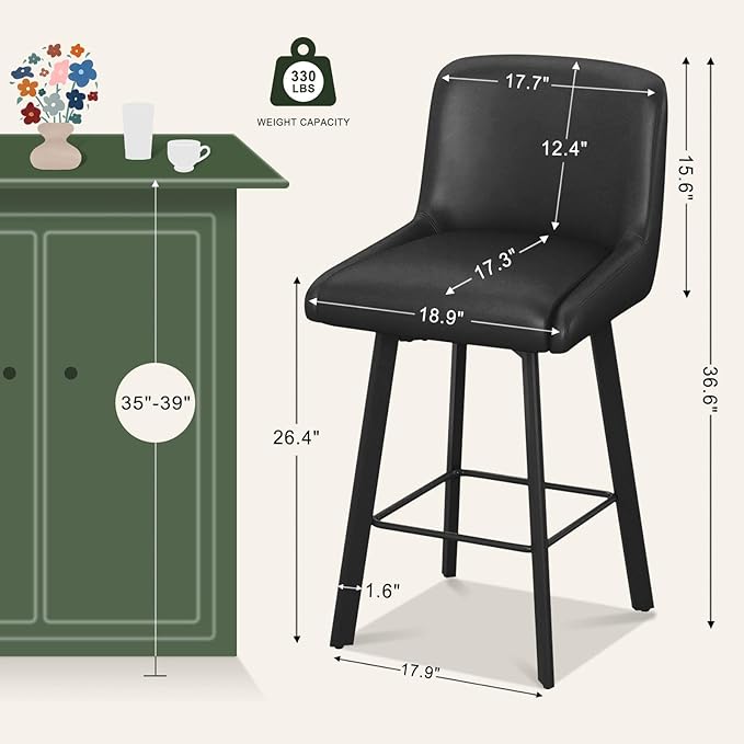 Swivel Bar Stools, 26''H Upholstered Barstools with Backs, Modern Counter Height Bar Stool Chairs for Kitchen Island, Metal Legs (Black- Faux Leather, Set of 4-26" H)