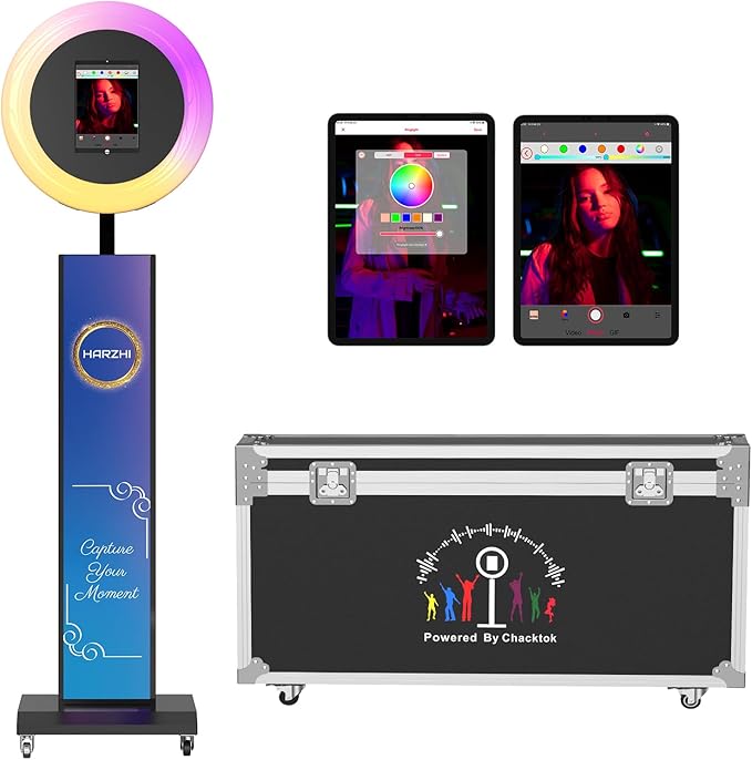 HARZHI Portable Photo Booth Compatible with Ipad, Photo Booth Shell Stand Stand Provide Chacktok Photo Booth Software for Party and Wedding, Free Custom Logo, Flight Case (Large lightbox+Black)