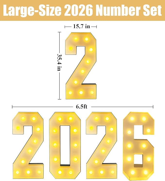 LANGXUN 3ft 2026 Numbers Kit for New Year Graduation Decorations Photo Backdrop, Large LED Marquee Light Up Letters, Class of 2026 Ornaments Sign for High School Party Supplies Décor