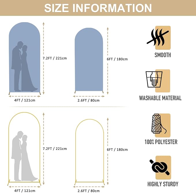 Arch Stand with Cover Set of 2 Metal Arch Stand with Dusty Blue Arches Spandex Covers Chiara Backdrop Cover for Arched Frame 6FT 7.2FT Arched Stands Covers for Parties Birthday Baby Shower