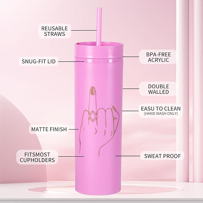 6 Pack Ring Finger Skinny Tumblers| 16 oz Bachelorette Party Cups.Engagement Wedding Gifts.Bridesmaid Proposal Gifts.Bridal Shower Gifts.Bride Bridesmaids Bridal Party Tumblers Cups(Pink).