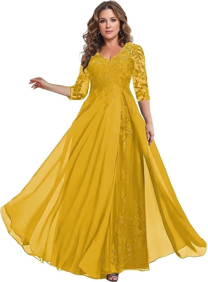 Long Sleeve Mother of The Bride Dress for Wedding Chiffon Lace Applique Formal Gowns BOF163