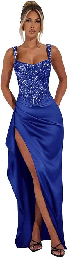 Basgute Sparkly Sequin Prom Dresses for Women 2026 Mermaid Corset Long Slit Ball Gown Formal Evening Party Dress