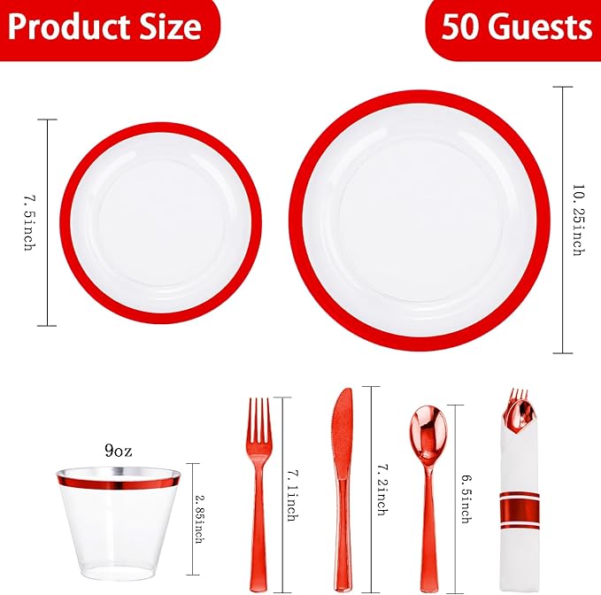 I00000 350 Pcs Red Dinnerware Set for 50 Guests | 50 Dinner and 50 Dessert Plates,50 Cups, 50 Napkins, 50 Forks, 50 Spoons, 50 Knives for Wedding & Valentine's Day