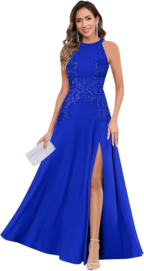 GUKARLEED Halter Lace Appliques Mother of The Bride Dresses for Women Long A-line Formal Wedding Guest Dress with Slit