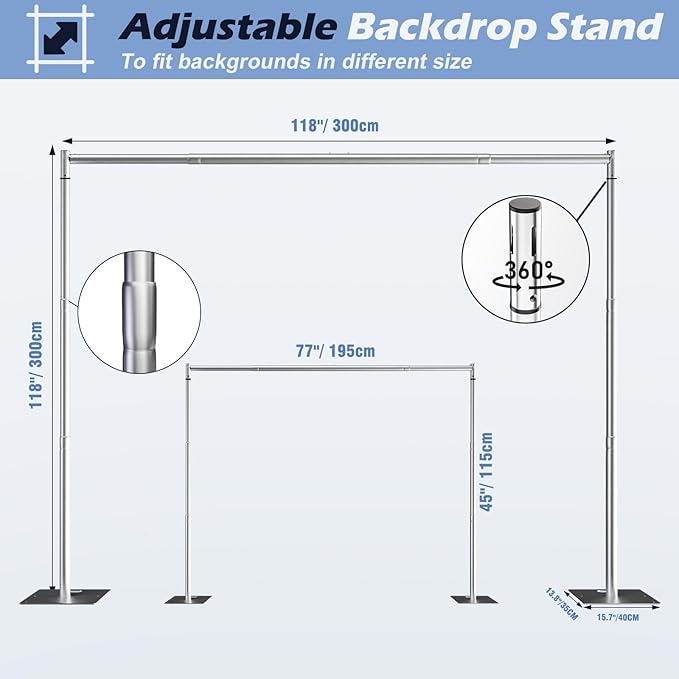 Heavy Duty Backdrop Stand, 10x10ft Pipe and Drape Backdrop Stand Kit with Adjustable Telescopic Poles Frame and Metal Base, Background Holder for Parties Wedding Birthday Photography Capacity of up to 22 lbs