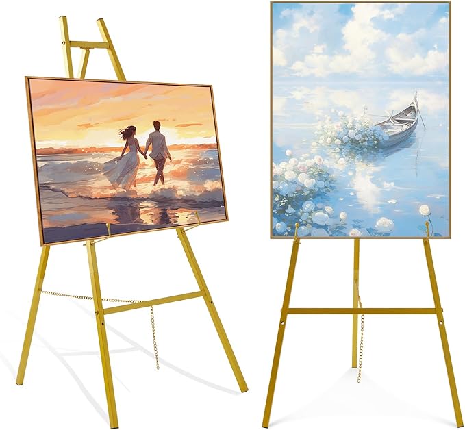 Gold Easel Stand for Sign–Adjustable Floor Heavy Duty Metal Display Easel for Wedding Signs, Art, Posters, Pictures Welcome Signs 4-Tier Height Commercial Display Easel for Parties & Galleries