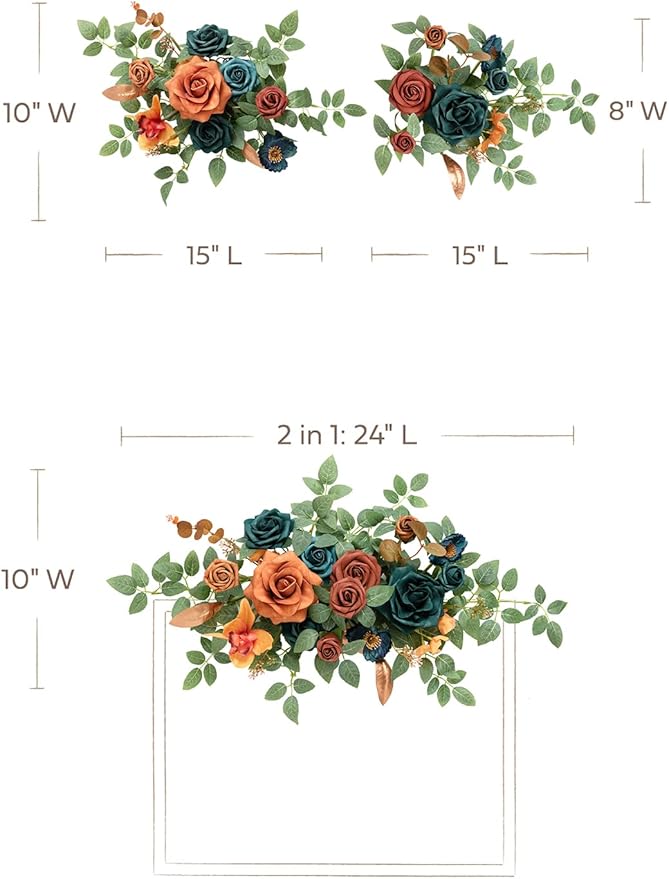 Ling's moment 2pcs Fall Wedding Artificial Floral Swag Welcome Sign Flowers Backdrop Garland Teal & Burnt Orange for Ceremony Reception Door Wall Home Decorations Entryway Outdoor Board Table Decor