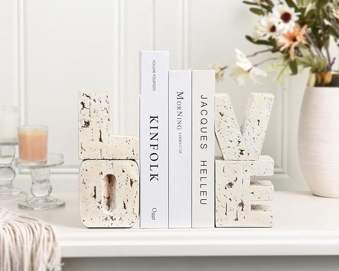 Book Ends Decorative with Love Design,Small Farmhouse Heavy Duty Bookends,Book Holders for Shelves, Book Stoppers for Home Desk Decoration, Unique Love Sculpture Bookend-Great Gift for Valentine's Day