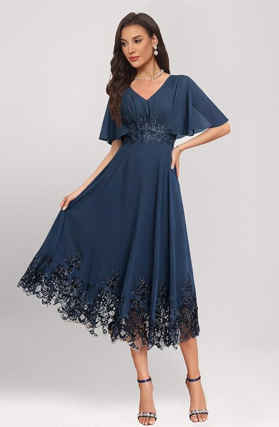 Tea Length Mother of The Bride Dress with Sleeves Laces Formal Evening Gowns for Wedding V Neck Wedding Guest Gown ZMX37
