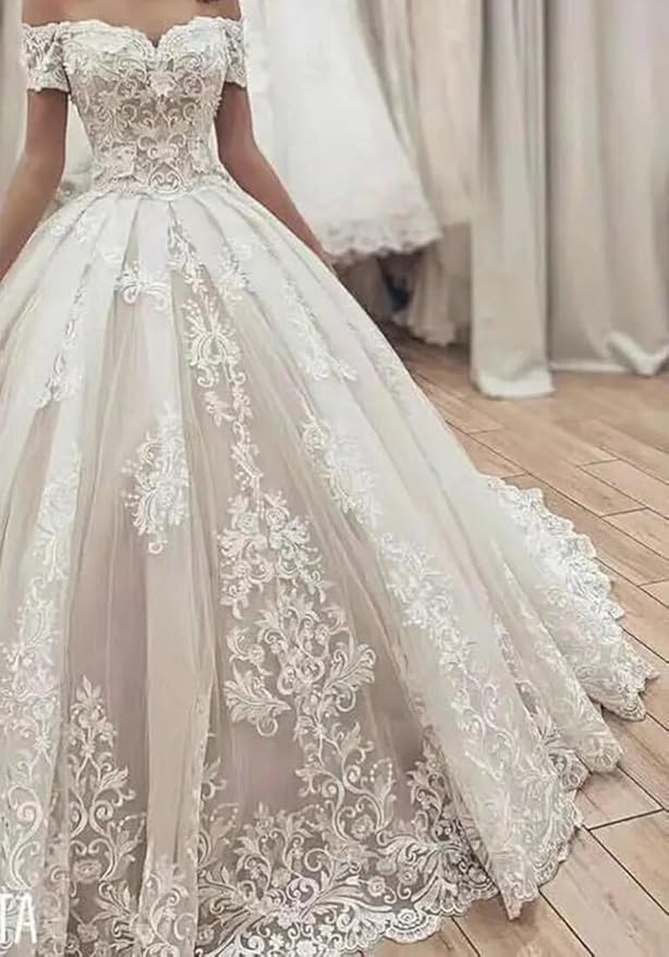 TRHTX Off Shoulder Lace Wedding Dresses for Bride Appliques Bridal Gowns for Women A-line Wedding Gowns with Train